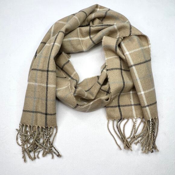 Calvin Klein Acrylic Tan Plaid Fringe Scarf - Picture 1 of 7